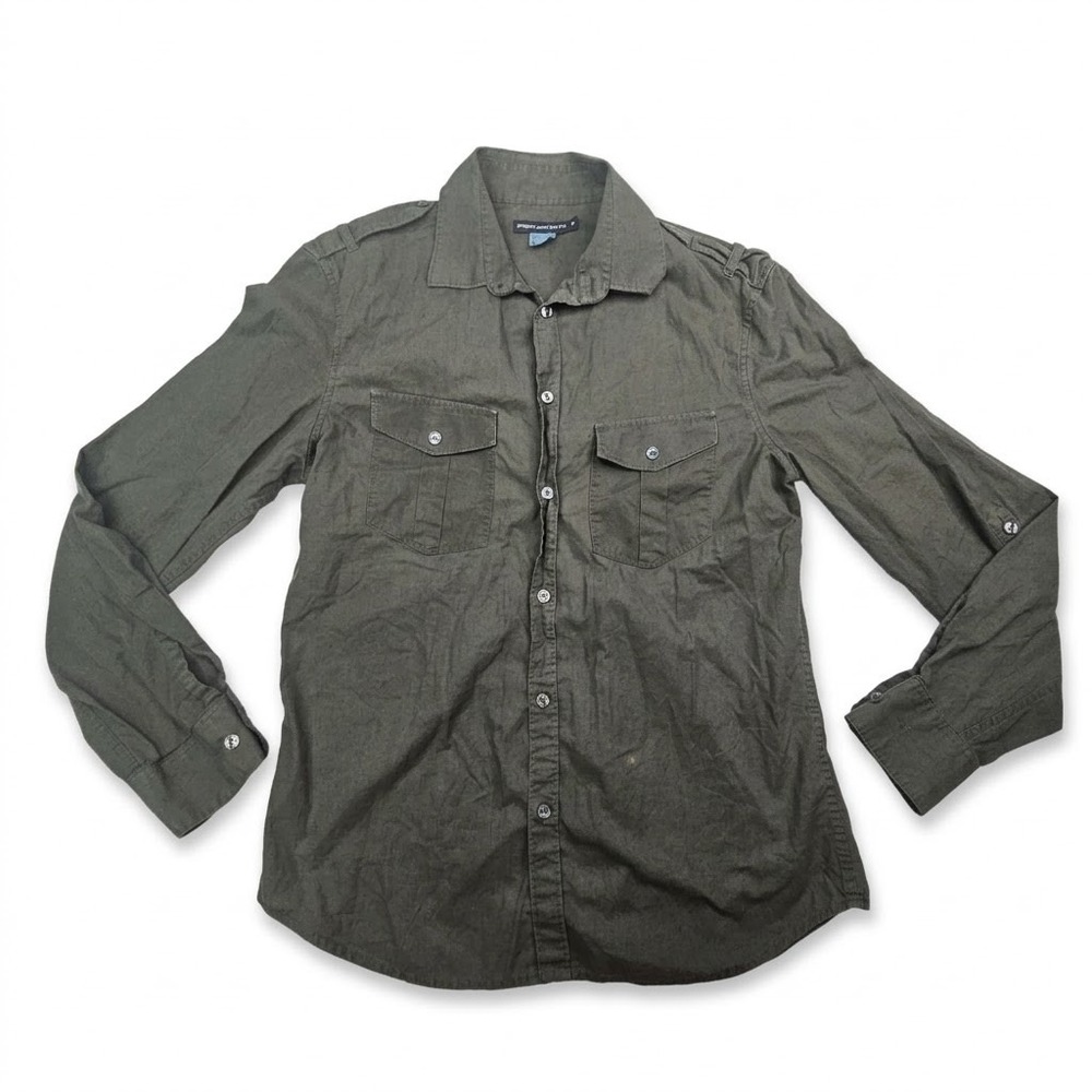 French Connection Button Down Shirt Men Medium Olive Green Military Epaulets
